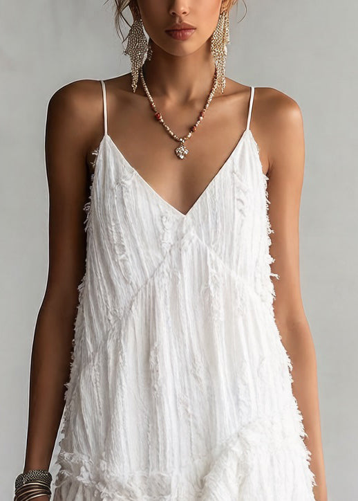 Women White Asymmetrical Ruffled Cotton Spaghetti Strap Tank Sleeveless
