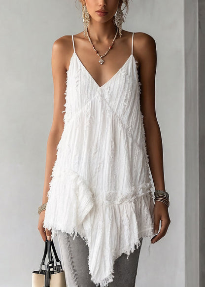 Women White Asymmetrical Ruffled Cotton Spaghetti Strap Tank Sleeveless