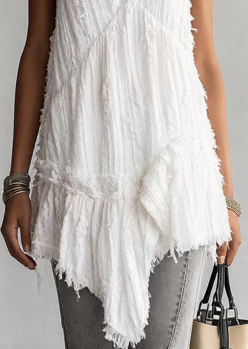 Women White Asymmetrical Ruffled Cotton Spaghetti Strap Tank Sleeveless