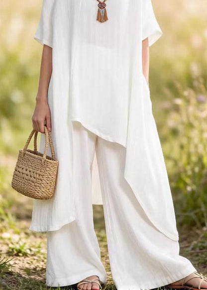 Women White Asymmetrical Top And Pants Cotton 2 Piece Outfit Summer