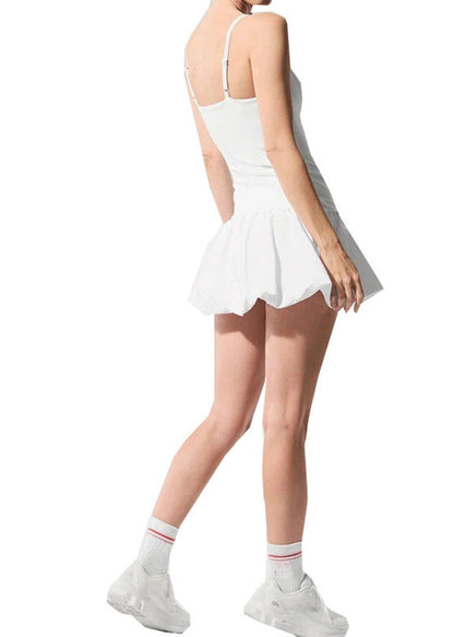 Women White Built-In Pads Spaghetti Strap Dress Athletic Built-In Shorts Two Piece Set