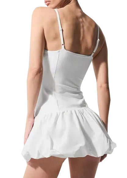 Women White Built-In Pads Spaghetti Strap Dress Athletic Built-In Shorts Two Piece Set