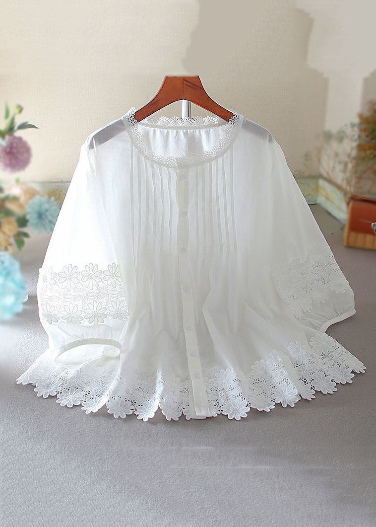 Women White Button Hollow Out Lace Patchwork Shirt Bracelet Sleeve