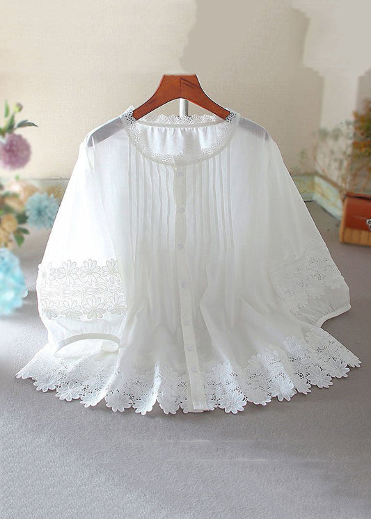 Women White Button Hollow Out Lace Patchwork Shirt Bracelet Sleeve