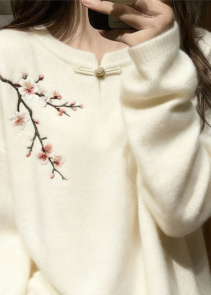 Women White Button Plum Blossom Knit Sweater Tops Winter