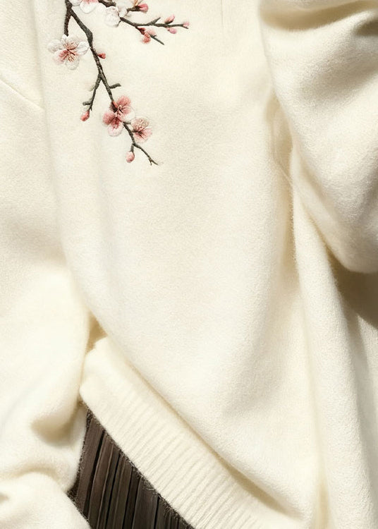 Women White Button Plum Blossom Knit Sweater Tops Winter