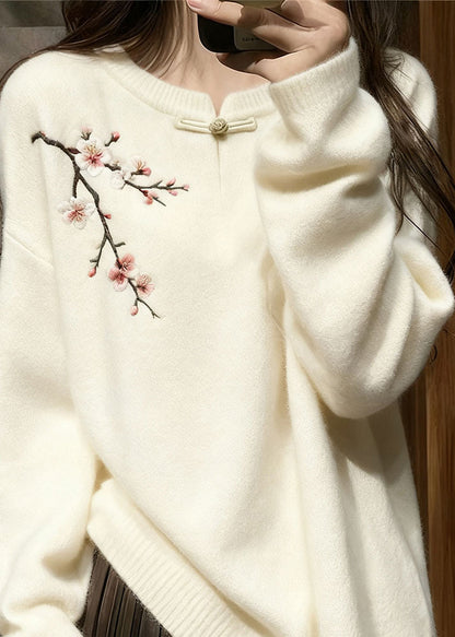 Women White Button Plum Blossom Knit Sweater Tops Winter