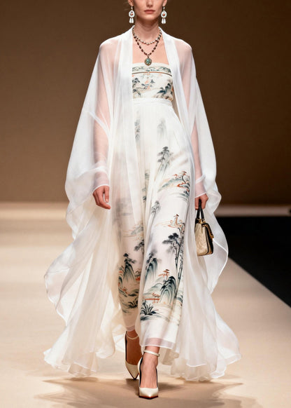 Women White Cardigans And Dress Print Chiffon Two Pieces Set Spring