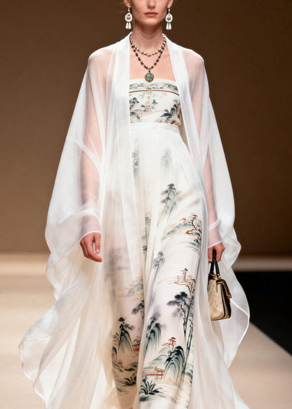 Women White Cardigans And Dress Print Chiffon Two Pieces Set Spring