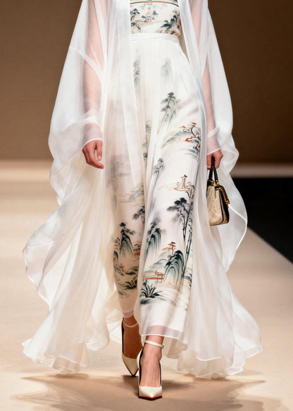 Women White Cardigans And Dress Print Chiffon Two Pieces Set Spring