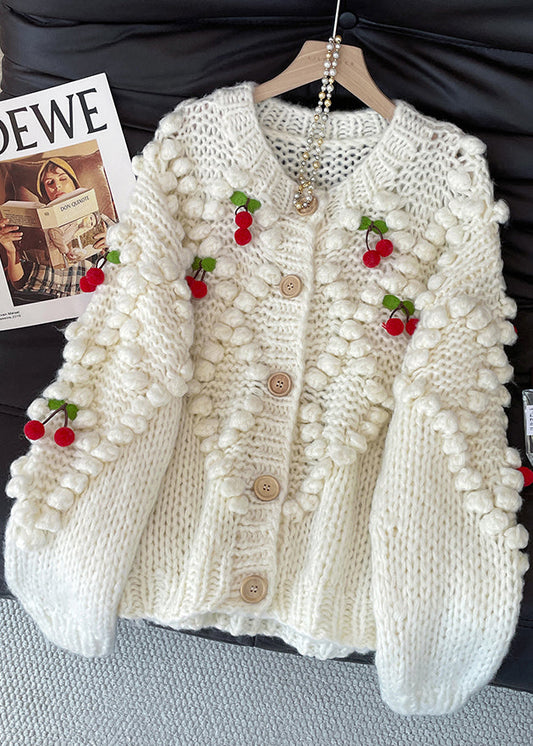 Women White Cherry Decorated Knit Cardigan Fall
