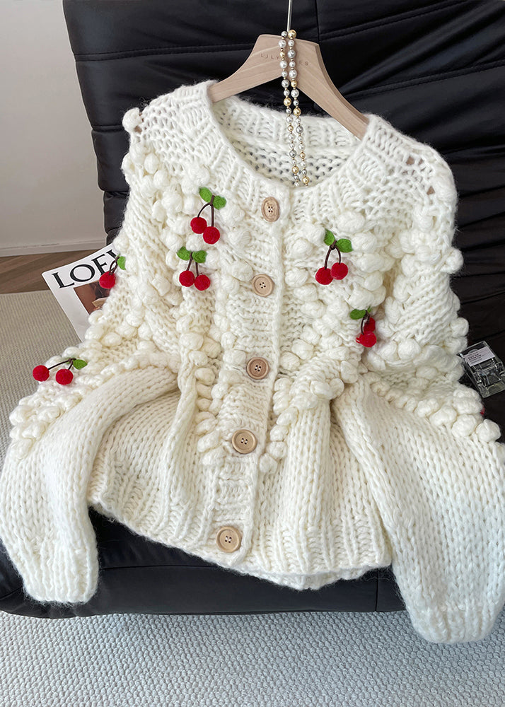 Women White Cherry Decorated Knit Cardigan Fall