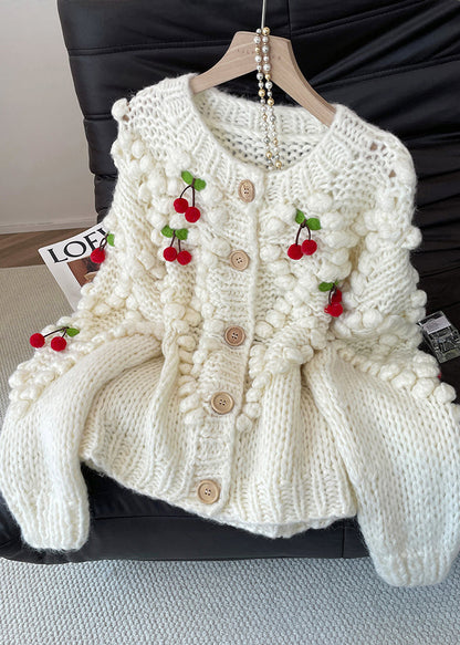 Women White Cherry Decorated Knit Cardigan Fall