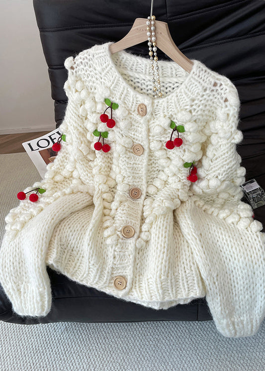 Women White Cherry Decorated Knit Cardigan Fall