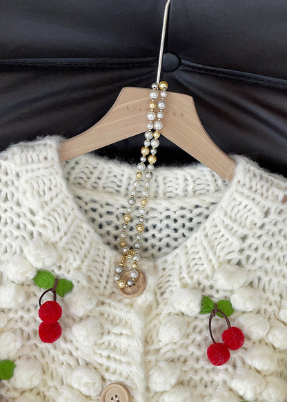 Women White Cherry Decorated Knit Cardigan Fall