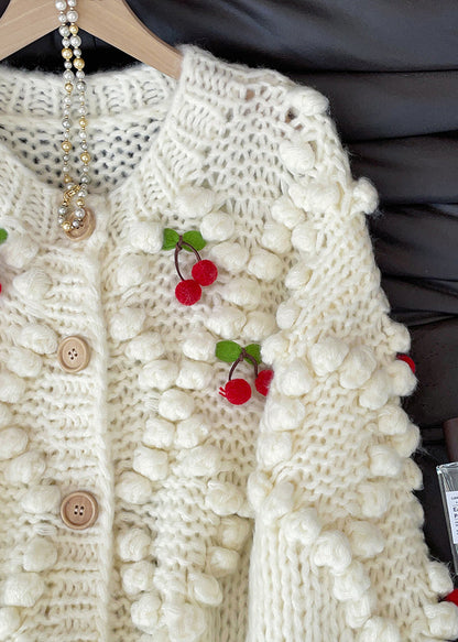 Women White Cherry Decorated Knit Cardigan Fall