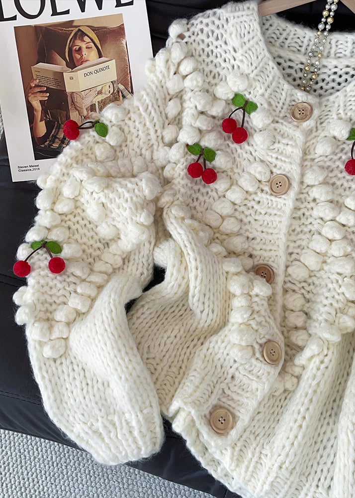 Women White Cherry Decorated Knit Cardigan Fall