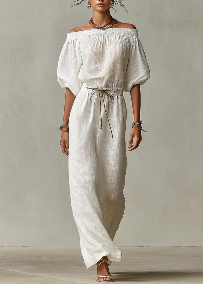 Women White Cinched Solid Maxi Dress Short Sleeve