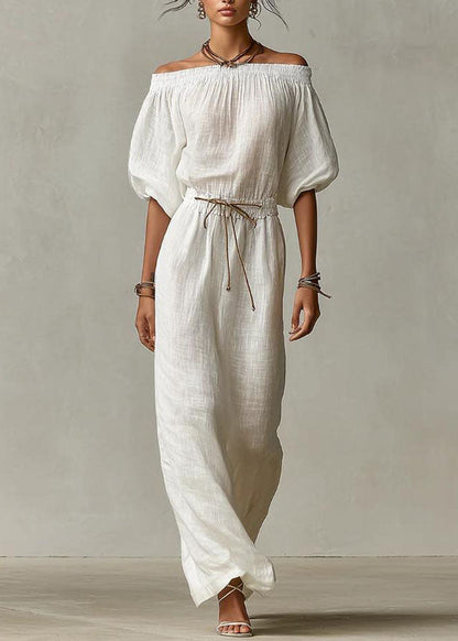 Women White Cinched Solid Maxi Dress Short Sleeve