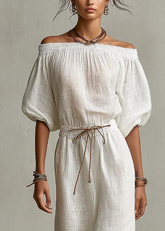 Women White Cinched Solid Maxi Dress Short Sleeve