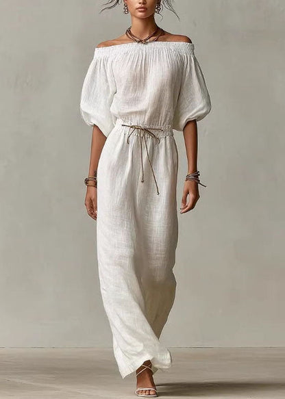 Women White Cinched Solid Maxi Dress Short Sleeve