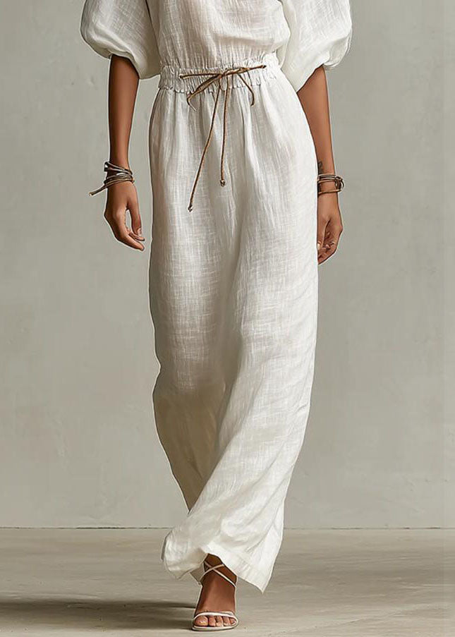 Women White Cinched Solid Maxi Dress Short Sleeve