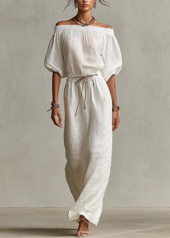 Women White Cinched Solid Maxi Dress Short Sleeve