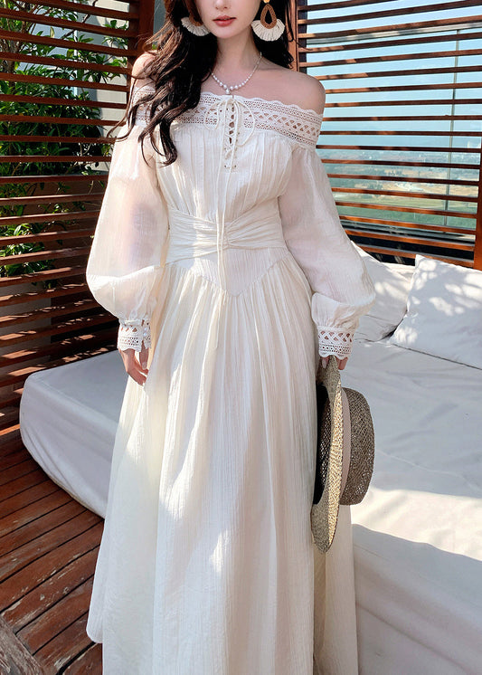 Women White Cold Shoulder Patchwork Cotton Party Dress Summer