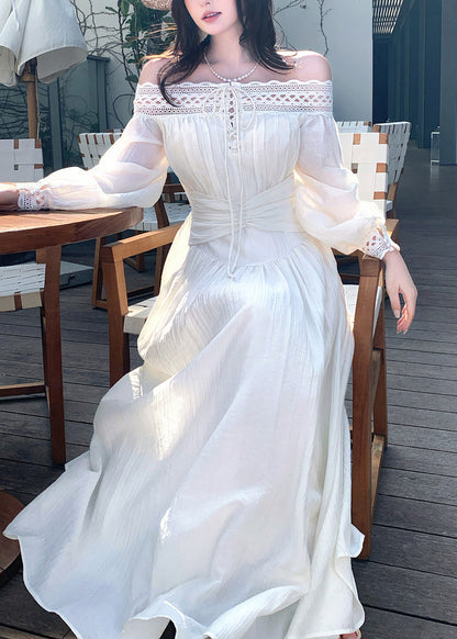 Women White Cold Shoulder Patchwork Cotton Party Dress Summer