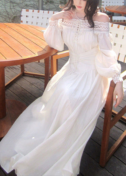 Women White Cold Shoulder Patchwork Cotton Party Dress Summer