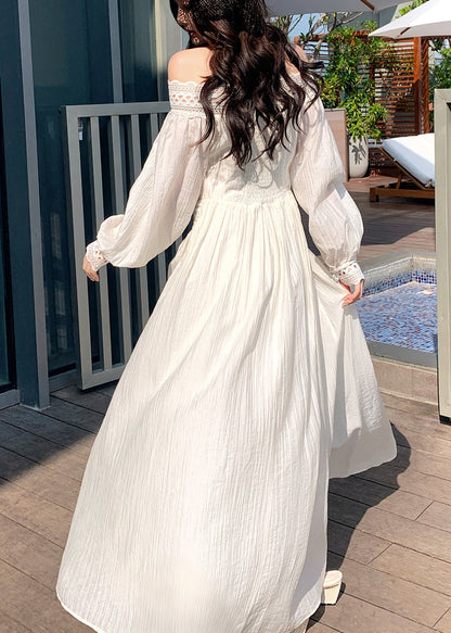 Women White Cold Shoulder Patchwork Cotton Party Dress Summer