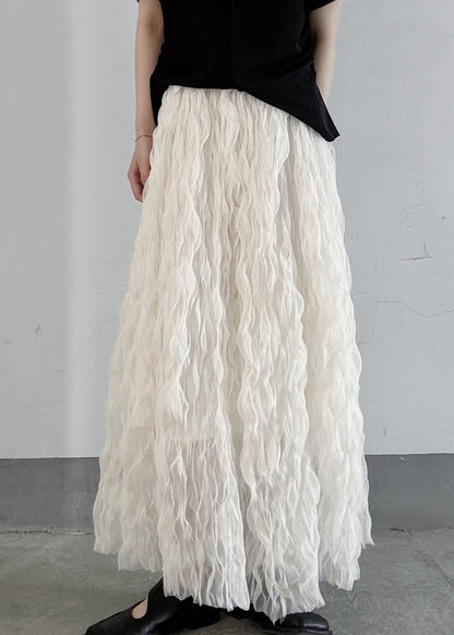 Women White Elastic Waist Wrinkled Tulle Skirts Fall