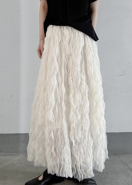 Women White Elastic Waist Wrinkled Tulle Skirts Fall