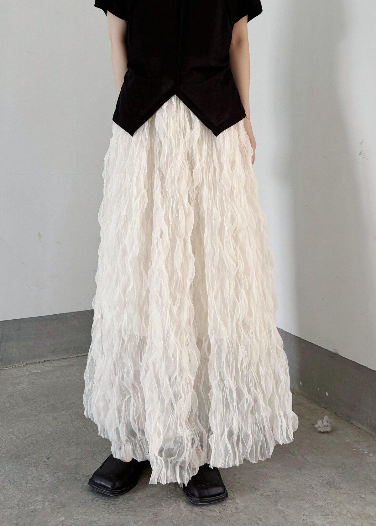Women White Elastic Waist Wrinkled Tulle Skirts Fall