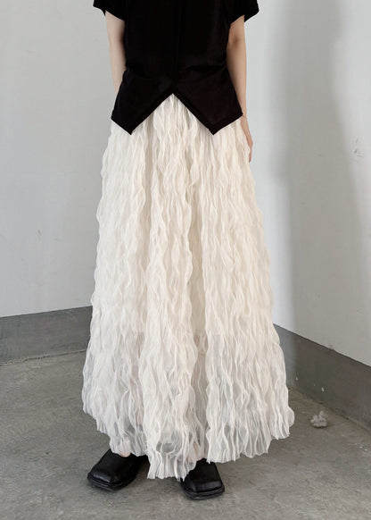 Women White Elastic Waist Wrinkled Tulle Skirts Fall