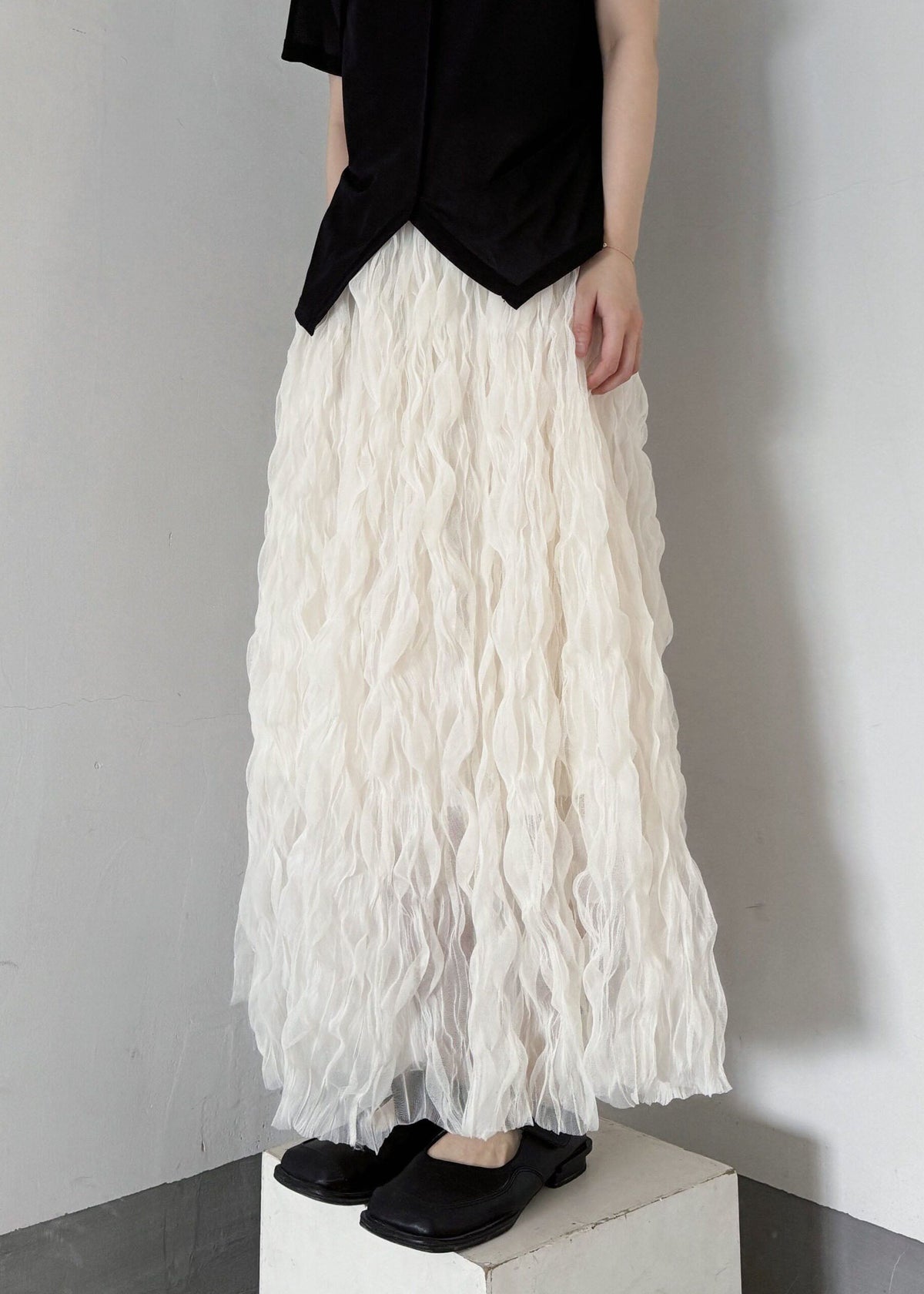 Women White Elastic Waist Wrinkled Tulle Skirts Fall