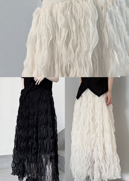 Women White Elastic Waist Wrinkled Tulle Skirts Fall