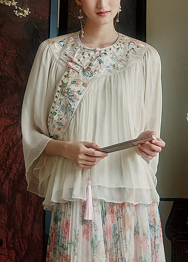 Women White Embroidered Chinese Button Silk Blouses Summer