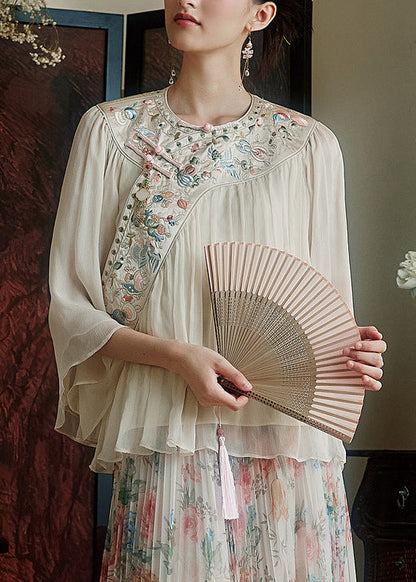 Women White Embroidered Chinese Button Silk Blouses Summer