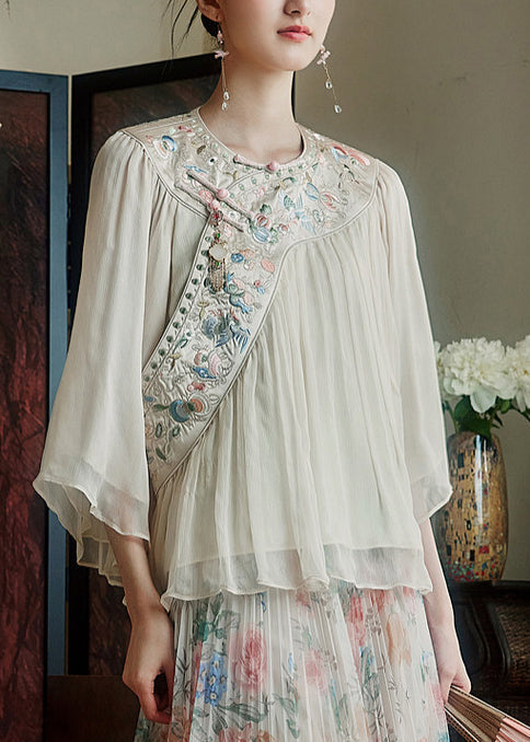 Women White Embroidered Chinese Button Silk Blouses Summer