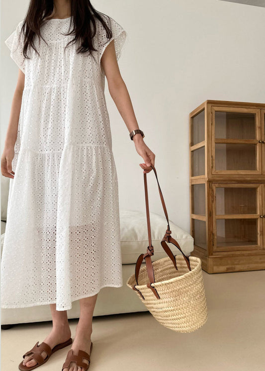 Women White Embroidered Cotton Party Dress Summer