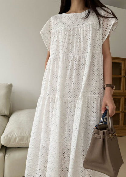Women White Embroidered Cotton Party Dress Summer