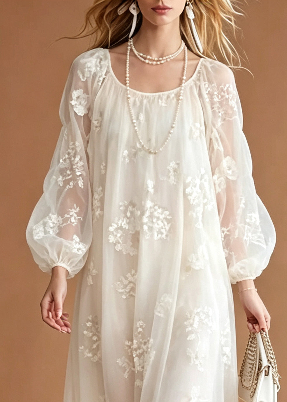 Women White Embroidered Oversized Lace Long Dress Summer