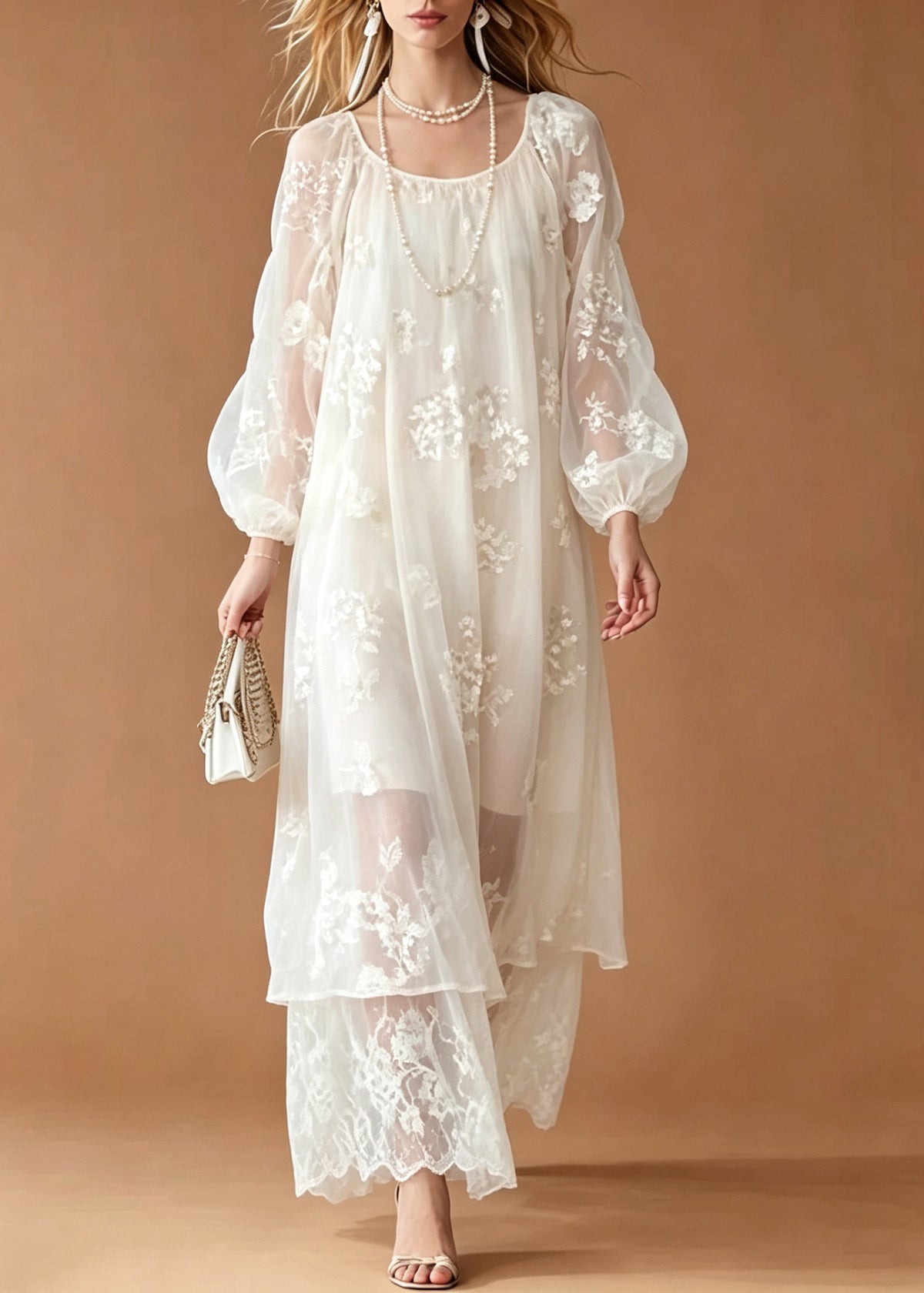 Women White Embroidered Oversized Lace Long Dress Summer