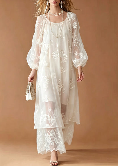 Women White Embroidered Oversized Lace Long Dress Summer