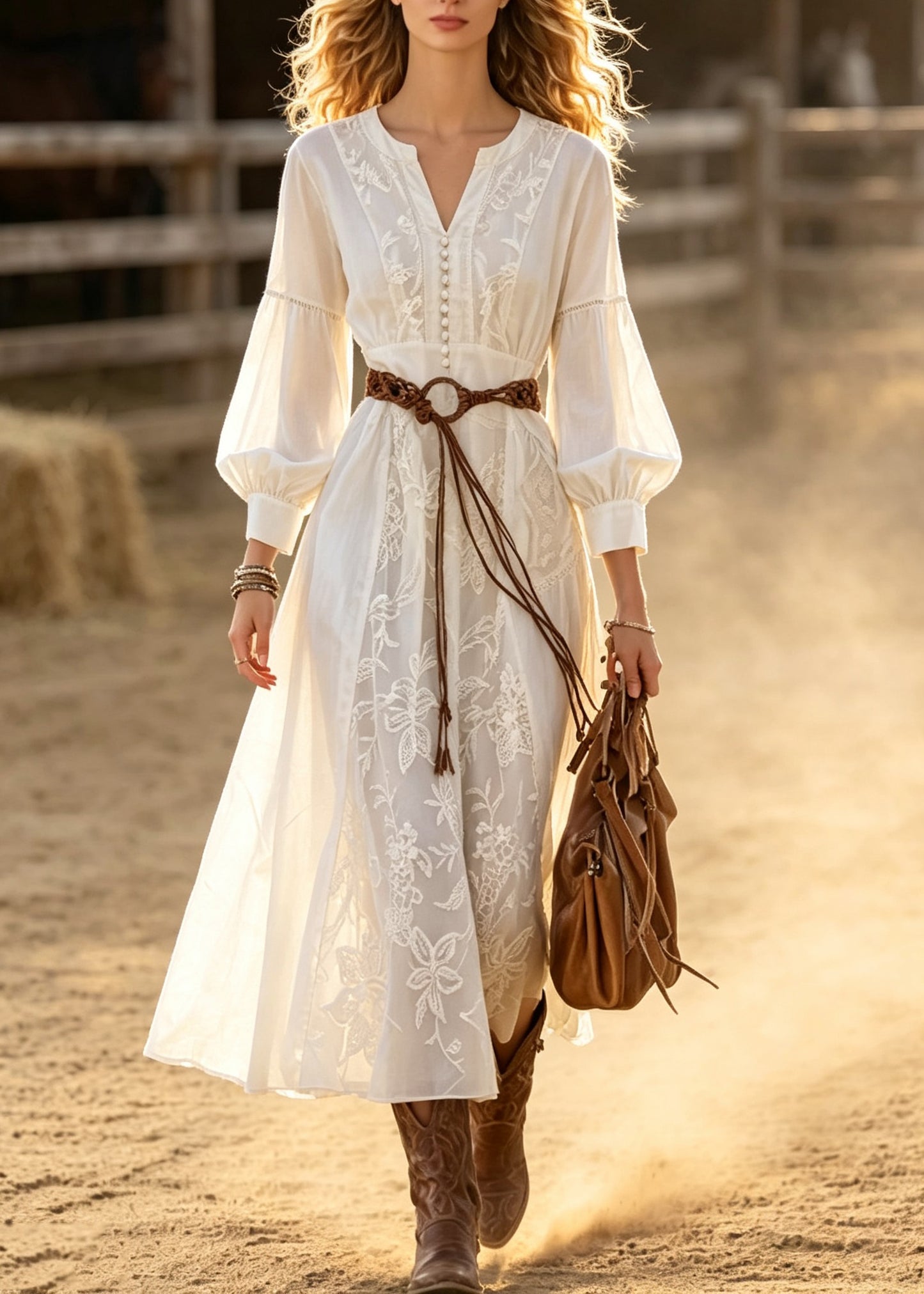 Women White Embroidered Patchwork Cotton Maxi Dresses Lantern Sleeve
