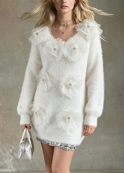 Women White Floral Nail Bead Long Knit Sweaters Fall