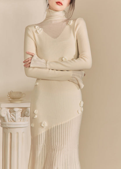Women White Hign Neck Patchwork Slim Fit Knit Sweater Dress Spring