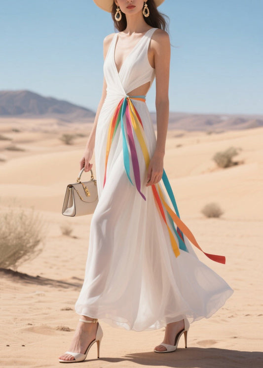 Women White Hollow Out Draping Chiffon Vacation Dress Summer