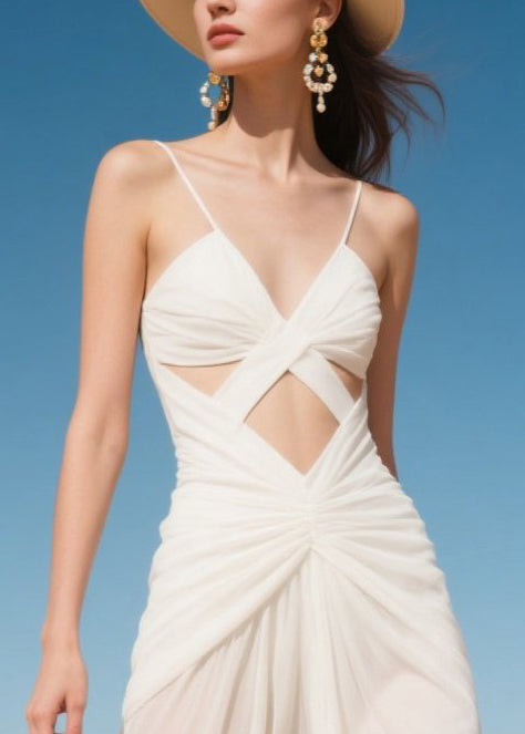 Women White Hollow Out Sexy Chiffon Dinner Dress Summer